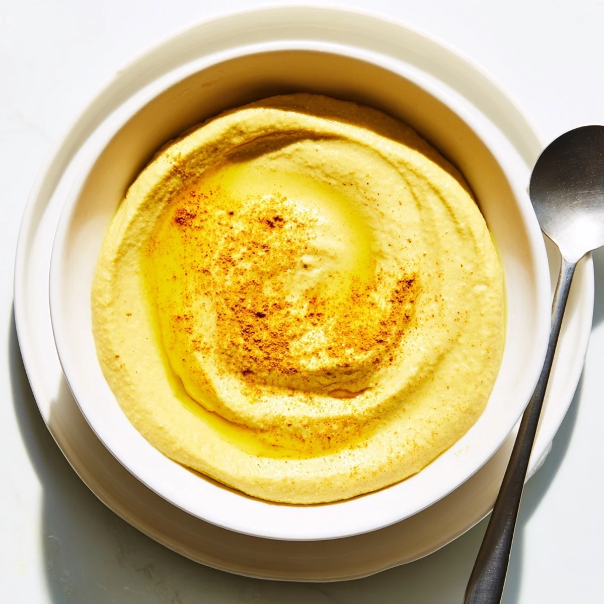 Vibrant Chickpea Curry Paste drizzled with olive oil, showcasing its rich, aromatic texture ideal for spreading on sandwiches or dipping chips.