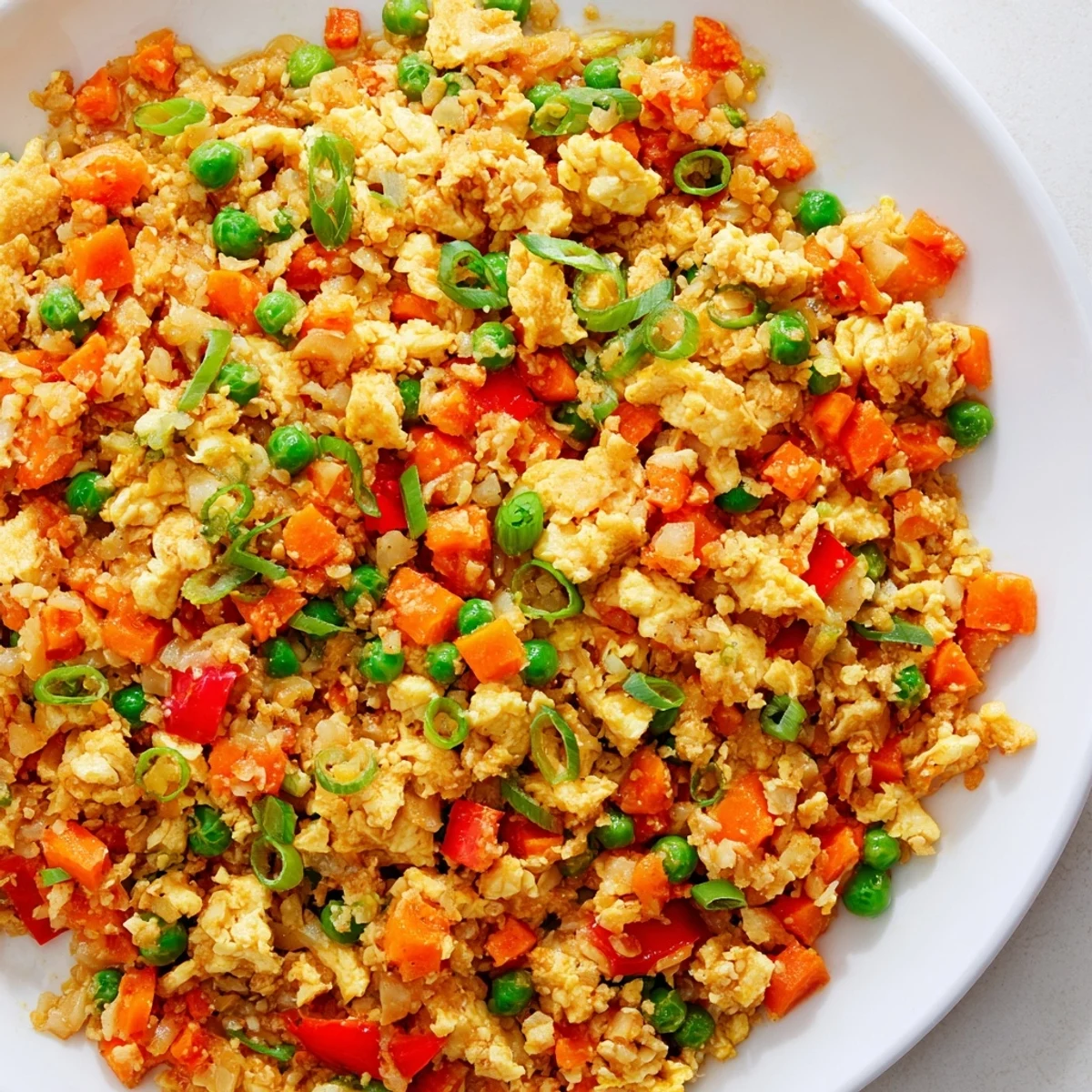 Golden cauliflower fried rice sizzling in a skillet with garlic, ginger, and diced red bell pepper, ready for a quick weeknight dinner.