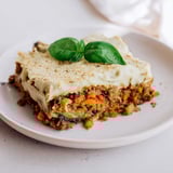 This homemade vegan lasagna shows off its creamy béchamel and hearty mushroom filling.