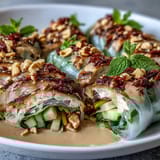 Colorful Rice Paper Roll Bowl topped with fresh mint and cilantro, served with lime wedges on a bright kitchen counter.