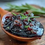 A bowl of Black Currant and Rosemary Reduction, a deep purple sauce with sprigs of fresh rosemary, ideal for drizzling over roasted lamb.