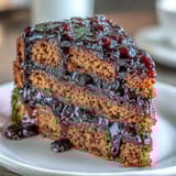 Moist peanut butter cake layers reveal a vibrant black currant jam center, drizzled with a glossy, tangy black currant sauce on a white plate.
