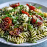Freshly made pesto coats tender pasta, juicy cherry tomatoes, and creamy mozzarella for a vibrant summer dish.