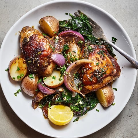 Golden, crisp Pan-Roasted Chicken with Zaatar, Potatoes, and Greens, ready from oven to table.