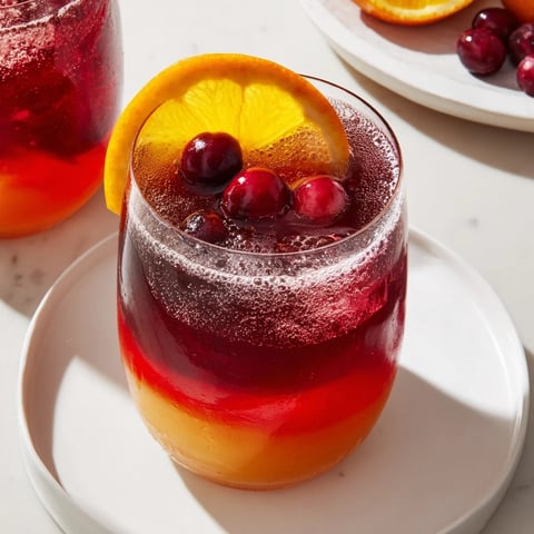 A vibrant pitcher of 3-Ingredient Holiday Punch, garnished with cranberries and orange slices.