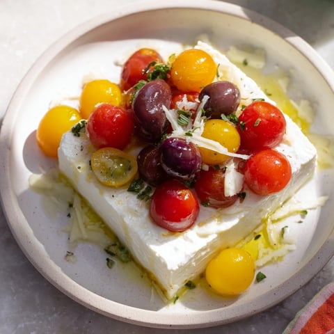 Creamy baked feta snowfall cherry tomato Christmas pasta, ready to serve with Parmesan.