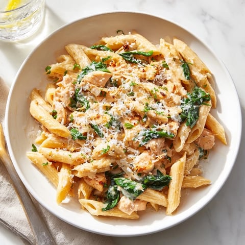Creamy, colorful One-Pot Christmas Pasta showcasing tender turkey and vibrant spinach in a luscious sauce.