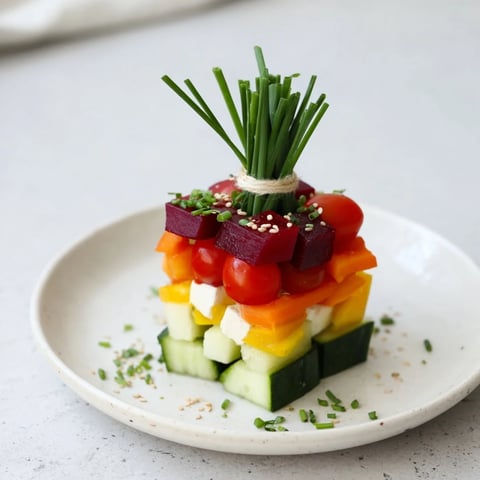 Vibrant stacked gift box veggie cubes showcasing colorful bell peppers, cucumber, and feta cheese, ready to enjoy.