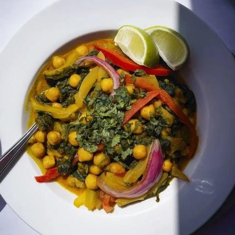 Steaming Chickpea Curry in a rustic pot, filled with vibrant vegetables and creamy coconut milk.