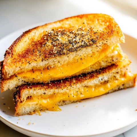 Golden-brown Everything Bagel Grilled Cheese oozing melted cheddar, perfect for a cozy, comforting lunch.