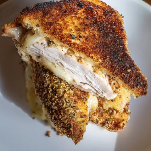 Golden-brown Crispy Parmesan Chicken Thighs nestled in melty grilled cheese, a comforting American meal.