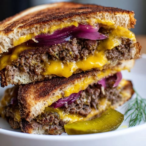 Golden-brown Smashed Burger Grilled Cheese, oozing with melted cheddar and a juicy, smashed beef patty.