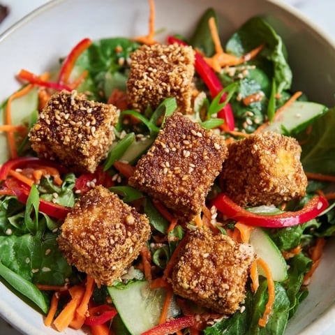 Golden, crispy tofu salad, a vibrant mix of fresh greens and vegetables, ready to enjoy.
