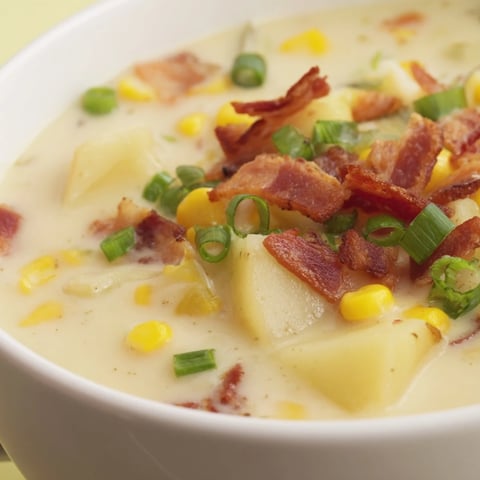 A steaming bowl of creamy corn chowder, with golden broth and crispy bacon garnish.