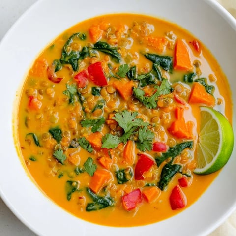 Steaming bowl of Lentil Red Curry Soup, garnished with cilantro and served with a lime wedge.