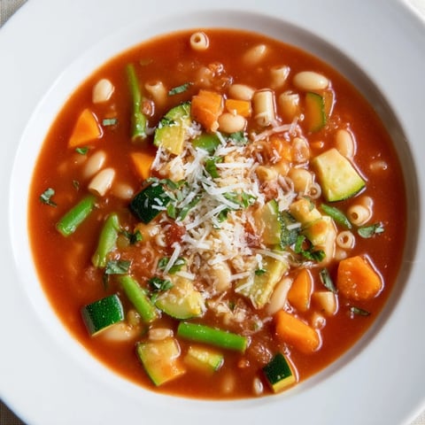Steaming bowl of tomato basil minestrone, packed with vegetables and savory broth, ready to serve.