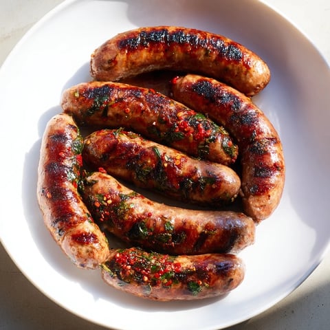Grilled Tunisian Merguez sausages, juicy and spiced, ready to enjoy with a crusty baguette.
