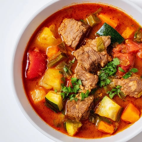 A steaming bowl of Algerian Chorba: a hearty lamb and vegetable soup, garnished with fresh herbs.