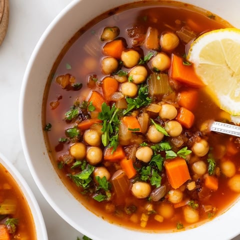 A steaming bowl of North African Harira Soup with vibrant colors and aromatic herbs garnishing the broth.
