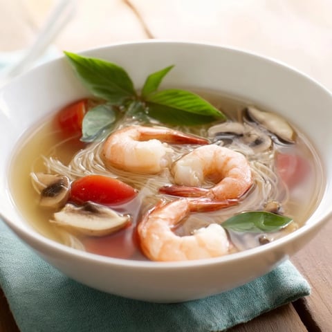 Steaming bowl of Spicy Tom Yum Soup brimming with plump shrimp, vegetables, and fragrant broth.