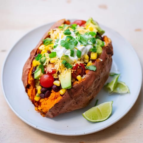Steaming Loaded Baked Sweet Potatoes, brimming with black beans, corn, and creamy avocado, ready to enjoy.
