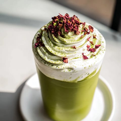 Rich sugar-free white chocolate candy cane iced matcha: layered and ready to enjoy now!