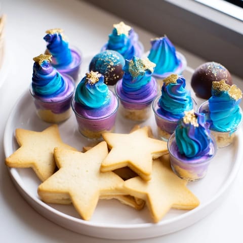 Beautifully arranged Stargazers Dessert Platter, featuring star-shaped shortbread and swirled galaxy mousse cups, a visual feast.