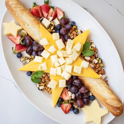 Vibrant Shooting Star Snack Board displays mango stars nestled beside creamy brie cheese and grapes.