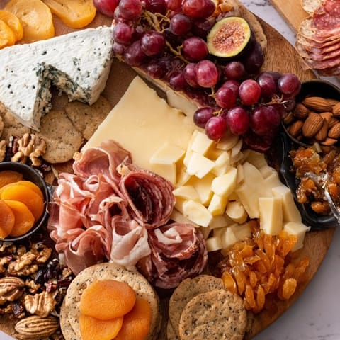 A beautifully arranged 2026 Wine Pairing Board overflowing with cheeses, fruits, and meats for wine tasting.