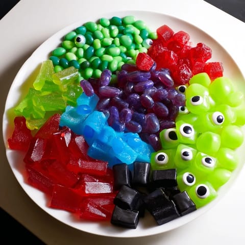 This Poison Apple Candy Platter showcases a spooky arrangement of assorted green and purple candies, perfect for Halloween treats.