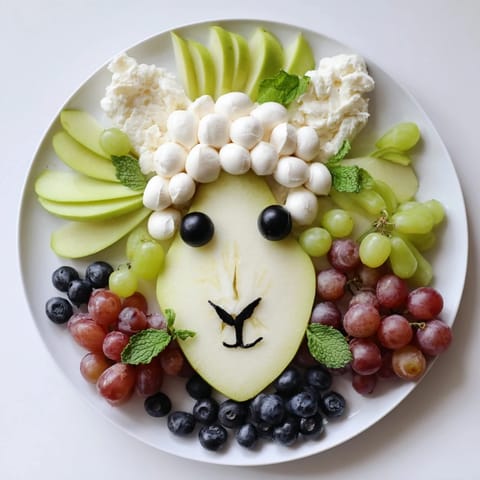 This Lamb Face Fruit and Cheese Platter features a pear "face," mozzarella wool, and grapes, perfect for a gathering.