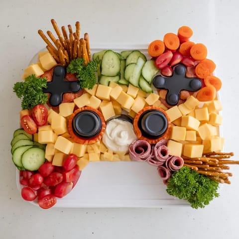 Savory Game Night Controller Snack Platter arranged like a controller, featuring cheese, crackers, and dips for all.