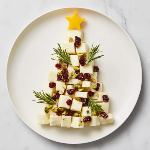 Festive Cranberry White Cheddar Tree, beautifully arranged, filled with cheese, fruit and herb garnishes, ready to serve.
