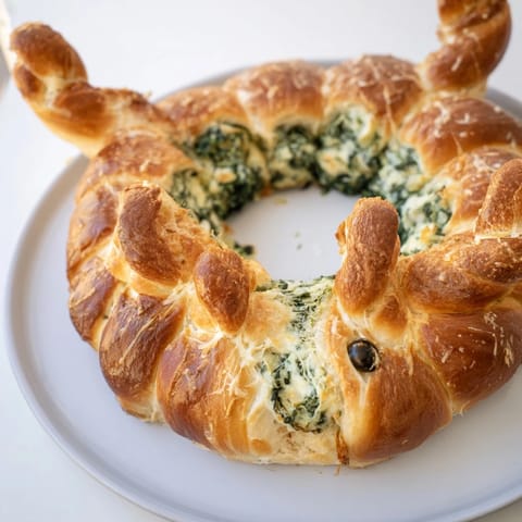 Freshly baked Reindeer Antler Spinach Dip Ring reveals a creamy, herb-filled spinach dip center.