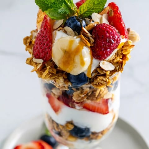 Vibrant photo: Yogurt and granola parfait glasses showcase a refreshing mix of textures and flavors.
