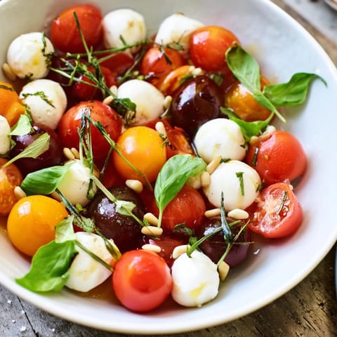 A Mediterranean Appetizer Wreath: Colorful cherry tomatoes and creamy mozzarella adorned with fresh basil.