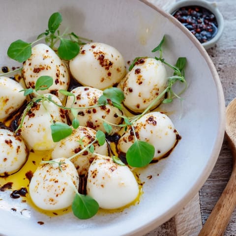 Creamy, bite-sized mozzarella pearls seasoned, a perfect light Italian "Simple Cheese" appetizer.
