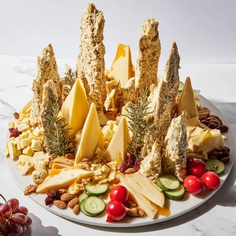 A visually appealing sculptural cheese landscape, showcasing diverse cheeses and tasty accompaniments ready to serve.