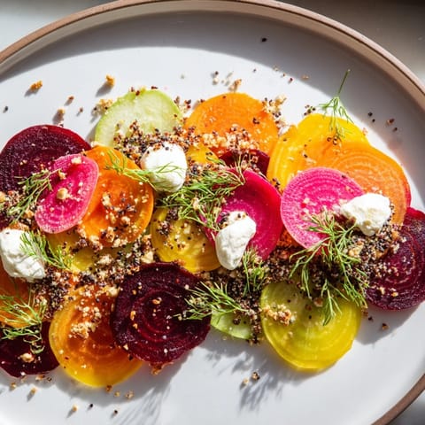 Artfully arranged vegetables in The Kinetic Motion Blur dish, drizzled with dressing, ready to enjoy.