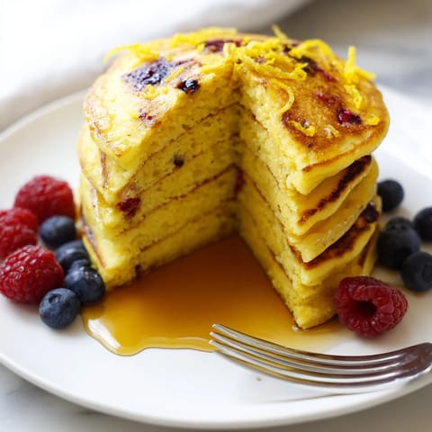 Fluffy Lemon Ricotta Pancakes, cooked to perfection, are stacked ready to be enjoyed with a drizzle of maple syrup.