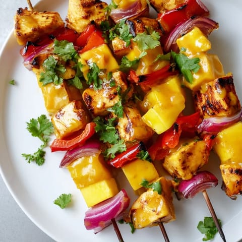 Juicy grilled mango lime chicken skewers, vibrant with vegetables and a sweet and savory glaze.
