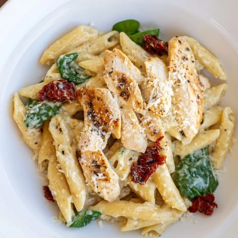 Savor the aroma of creamy Tuscan chicken pasta, loaded with sun-dried tomatoes and Parmesan cheese.