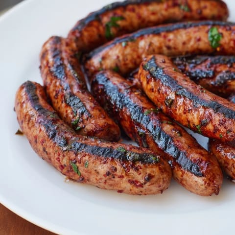 Close-up of sizzling Tunisian Merguez sausage, browned on a grill pan, showing spicy details.