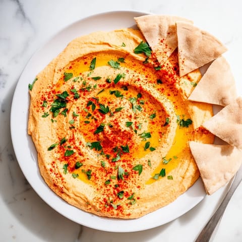 Roasted Red Pepper Hummus in a rustic bowl, its vibrant red-orange hue contrasted by warm olive oil and paprika.