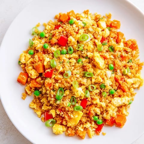 This low-carb cauliflower fried rice features colorful sautéed veggies and fluffy eggs, served hot with a sprinkle of green onions.  