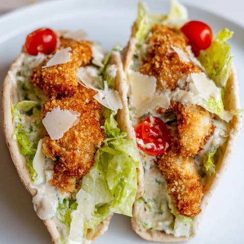 Warm pita pockets stuffed with golden air-fried chicken strips, crisp romaine lettuce, creamy Caesar dressing, and shaved Parmesan cheese.