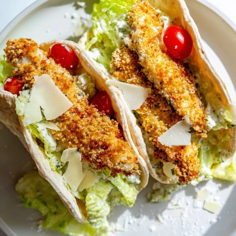 A close-up of crispy chicken Caesar pita halves showing tender chicken, fresh greens, and melty Parmesan against a rustic wooden background.