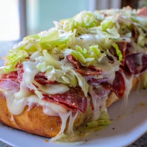 Golden-brown Italian sub grilled cheese sandwiches with melted provolone and layered salami on a plate.  