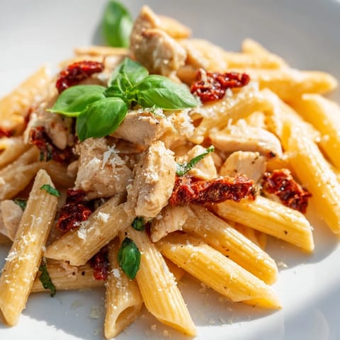 A close-up of Creamy Sun-Dried Tomato Chicken Pasta, highlighting glossy sauce clinging to penne and vibrant sun-dried tomato pieces.
