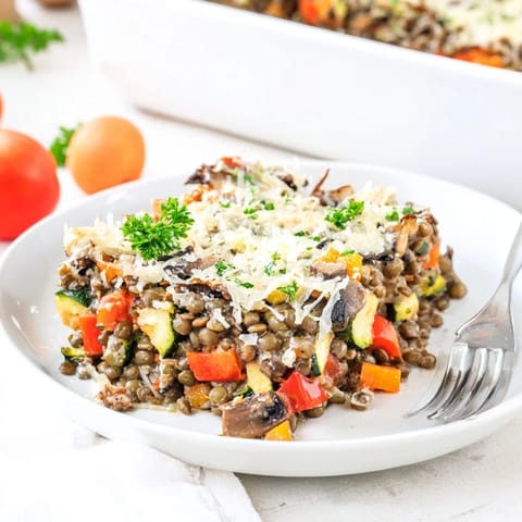 A close-up of the finished Green Lentil and Vegetable Casserole in a baking dish, garnished with fresh parsley and bubbling cheese.  